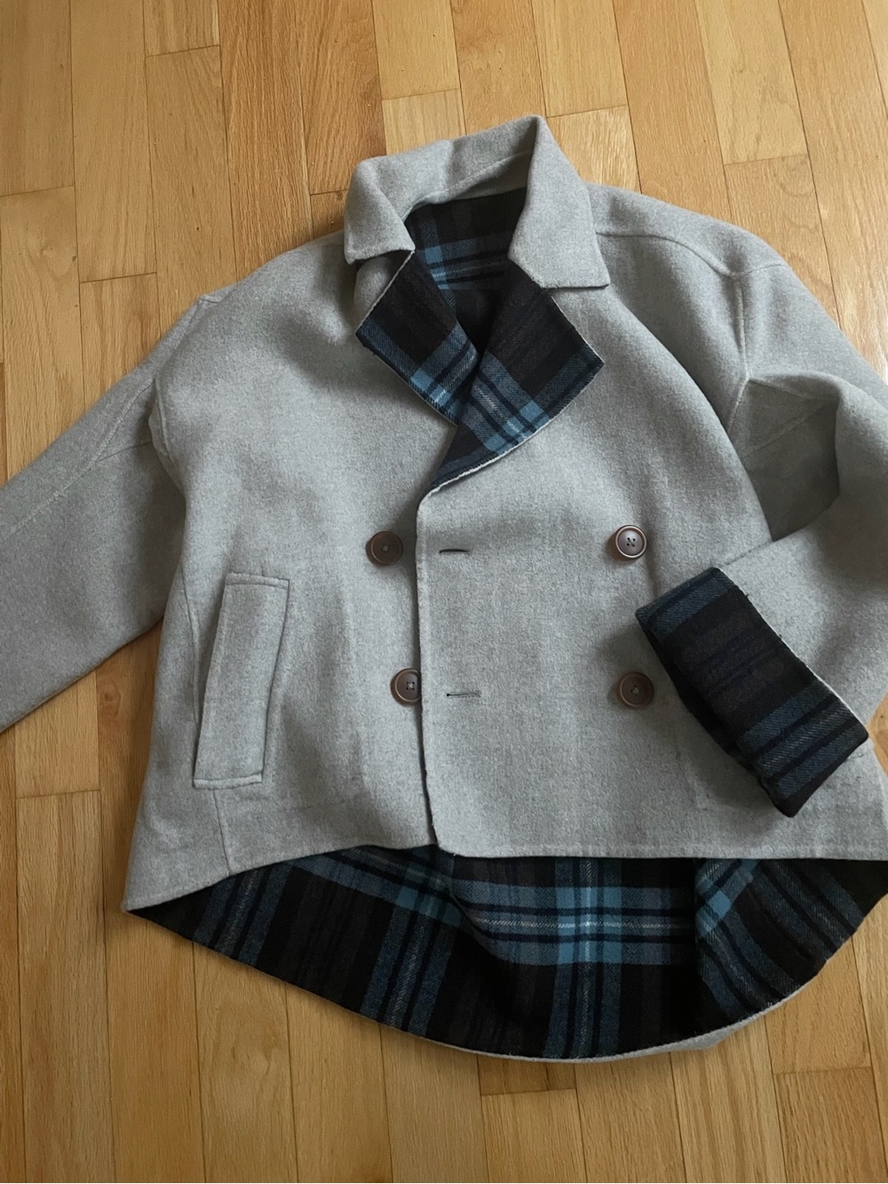 Vivienne Westwood Light Gray Peacoat with Blue Plaid Lining